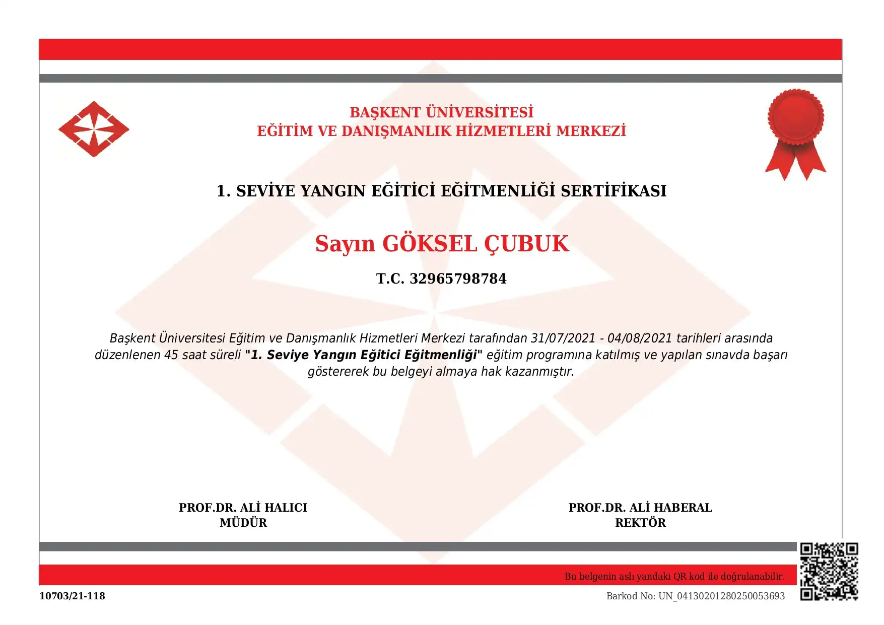 1. SEVİYE YANGIN EĞİTİCİ EĞİTMENLİĞİ SERTİFİKASI